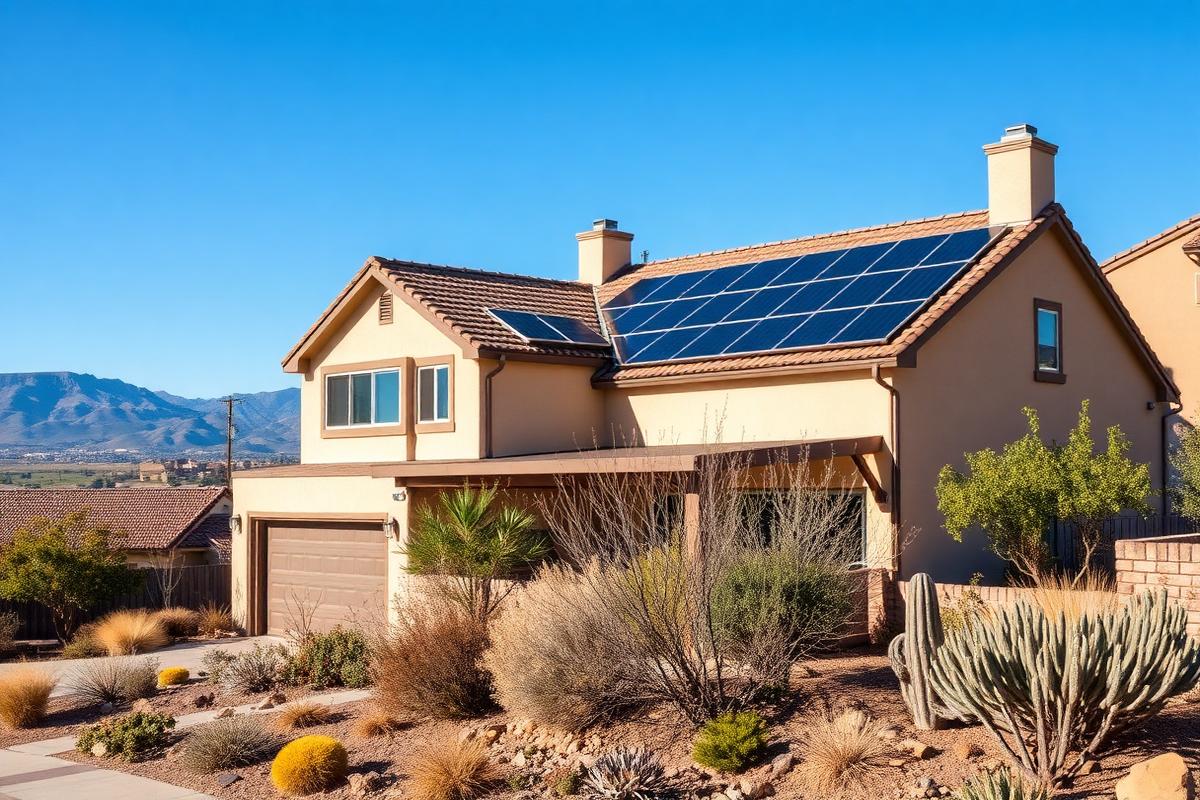 Energy-efficient home with rooftop solar panels and drought-tolerant landscaping